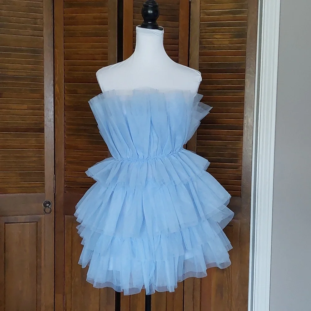 Mable Light Blue Tiered Tulle Mini Dress Sz S - Picture 4 of 15